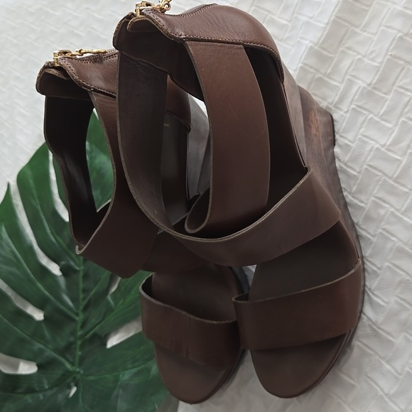 Diane Von Furstenberg Brown Leather Wedge Sandals Eclectic Minimalist - Picture 3 of 12